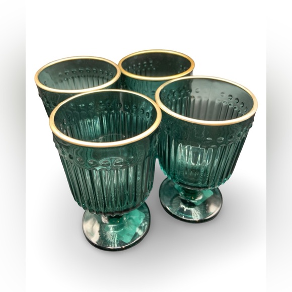 Set of 8 🌲Holiday MCM Green Water Goblets | Wine Glasses Bar Glasses Gold Ribbed - Picture 8 of 11